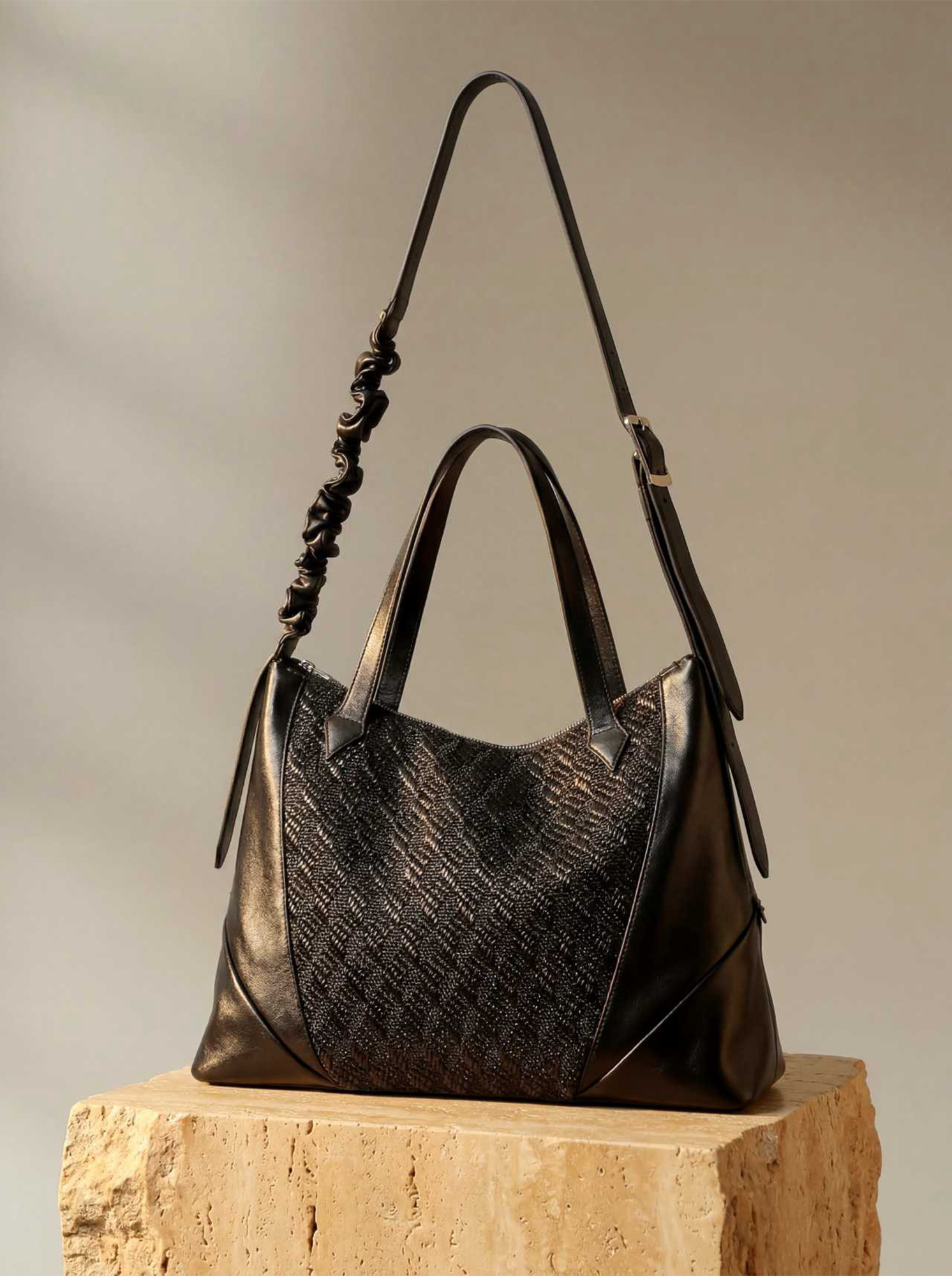 ALVNG AR ANTS Asymmetrical Ruched Woven Faux Leather Bag-Bag-Black-Free Shipping Leatheretro