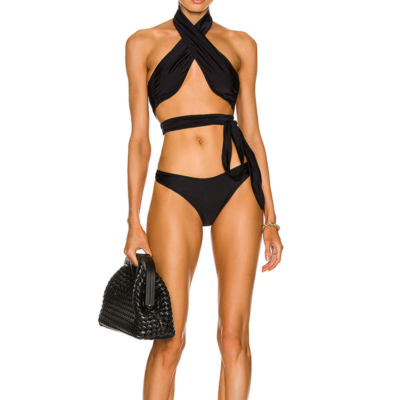 Black Crossed Bandage Women Bikini Swimsuits-Swimwear-Black-S-Free Shipping Leatheretro
