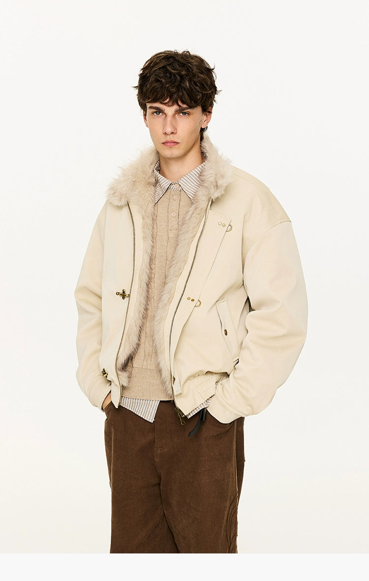 KREATE Harrington-Style PU Leather Jacket with Long Fur Collar-Ivory-S-Free Shipping Leatheretro