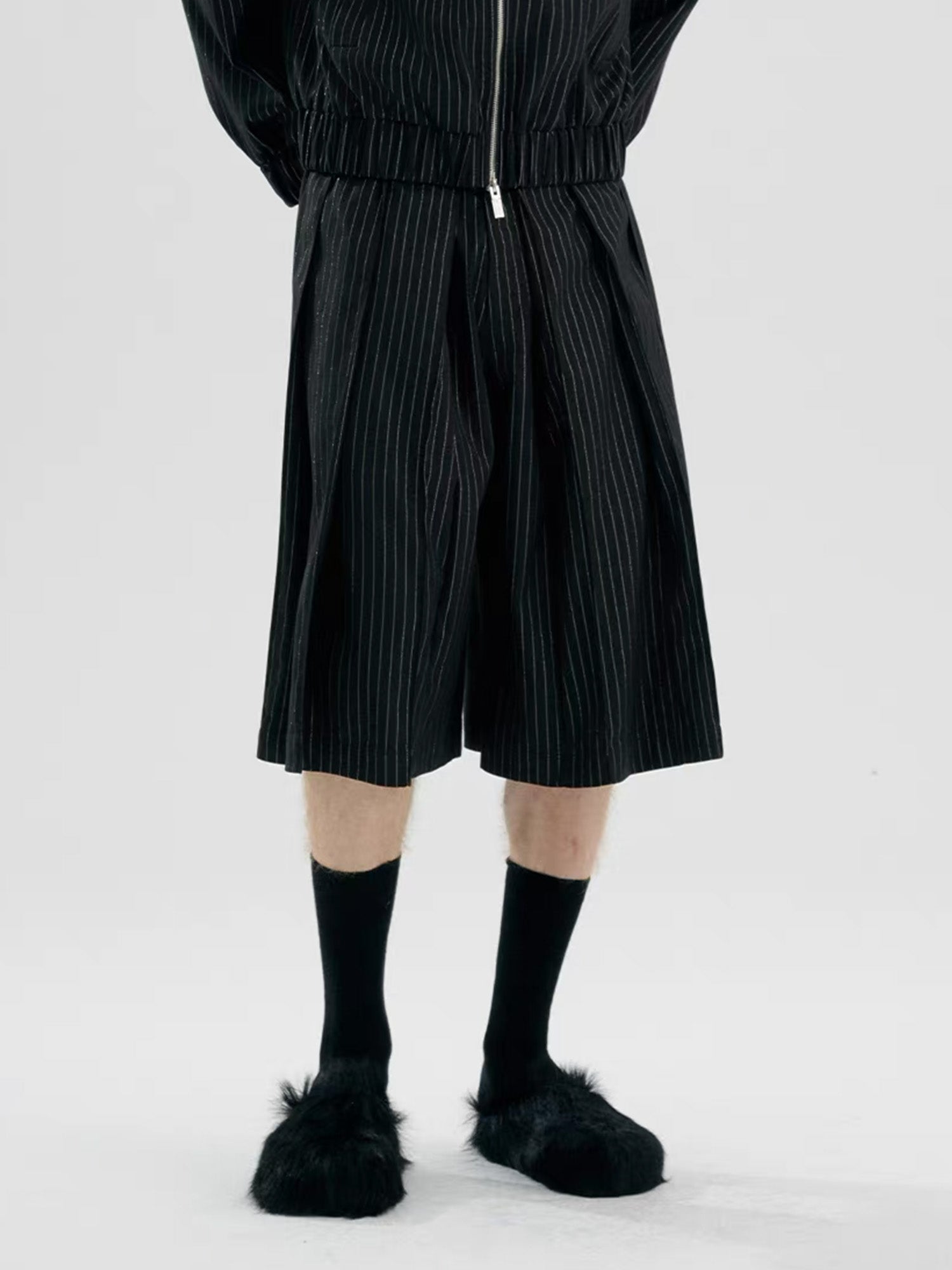 TIWILLTANG Pleated Pinstripe Skirt Shorts-Shorts-S-Black-Free Shipping Leatheretro