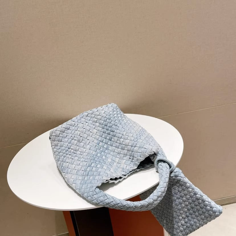 Stylish Canvas & Denim Woven Bucket Bag for Women-Light Blue 23cm-Free Shipping Leatheretro