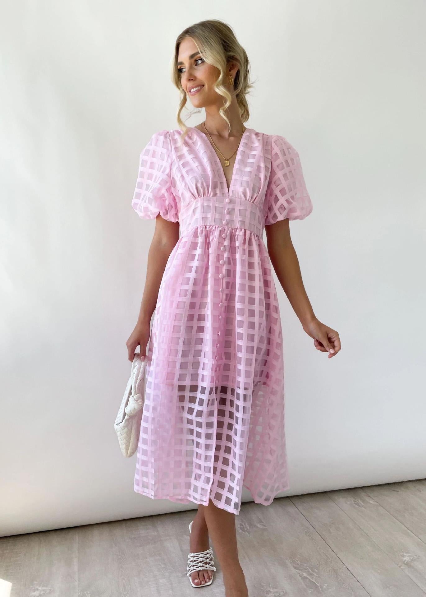 Classic Summer Hollow Design Lantern Sleeves Multi-color Women Dresses-Dresses-884 rose red-S-Free Shipping Leatheretro