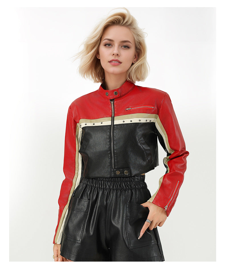 Edgy Cropped PU Leather Biker Jacket – Bold Color-Block Design-Coats & Jackets-Brick Red-S 50-55kg-Free Shipping Leatheretro