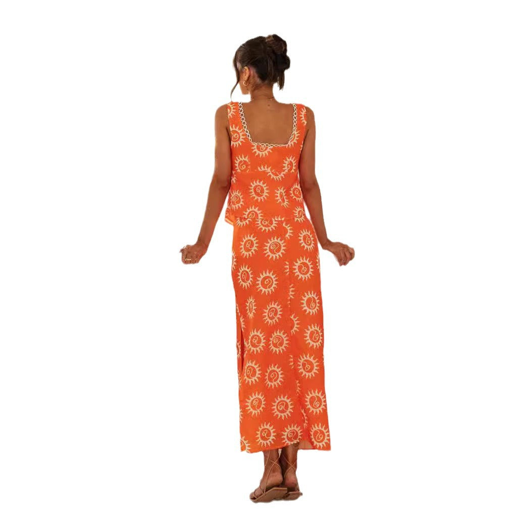 Designed Summer Square Neckline Two Pieces Dresses-Dresses-Orange-S-Free Shipping Leatheretro