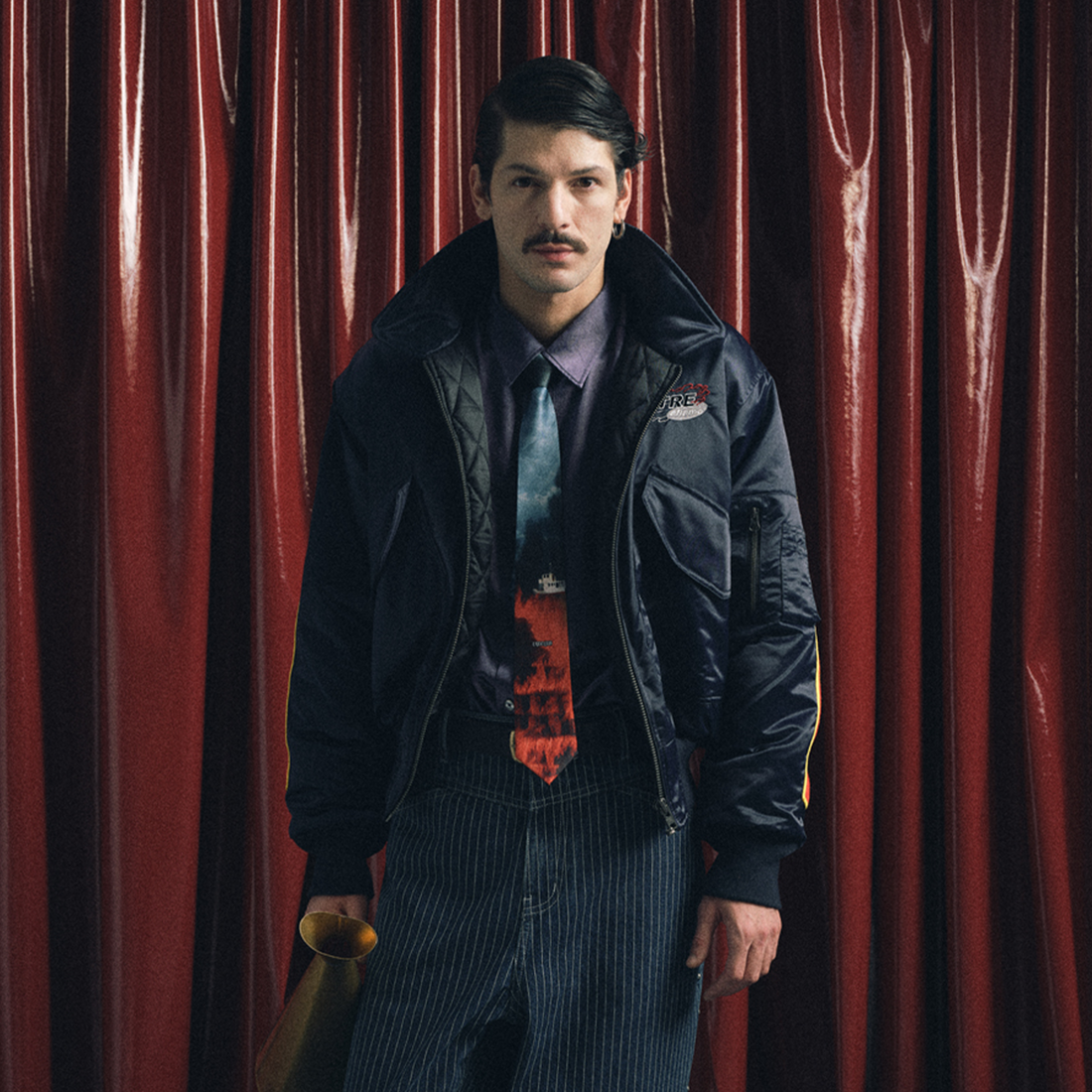 TRECLUB Contrast Graphic Embroidered Patch Bomber-Jacket-200g Cotton Filling-S (Preorder)-Free Shipping Leatheretro