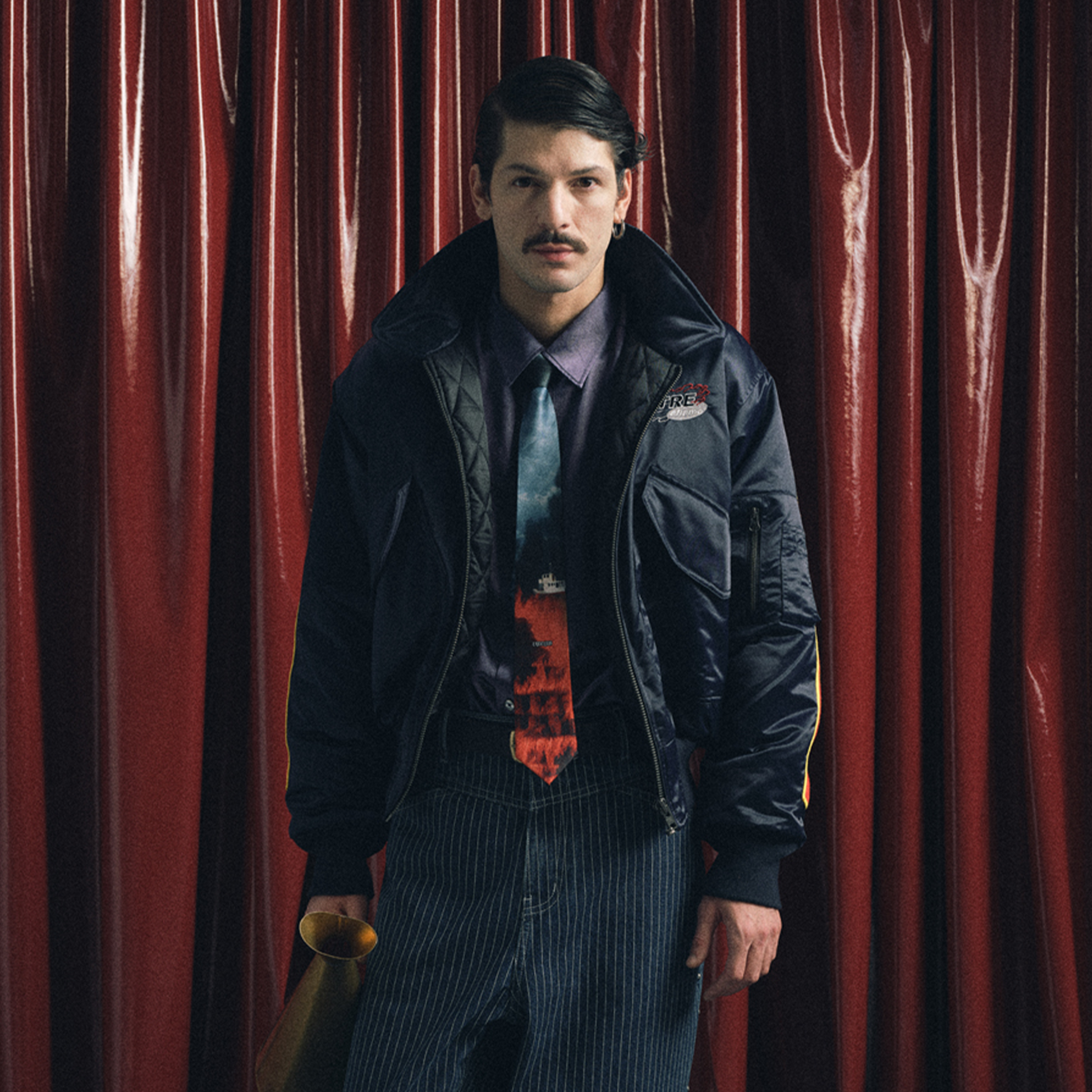 TRECLUB Contrast Graphic Embroidered Patch Bomber-Jacket-200g Cotton Filling-S (Preorder)-Free Shipping Leatheretro