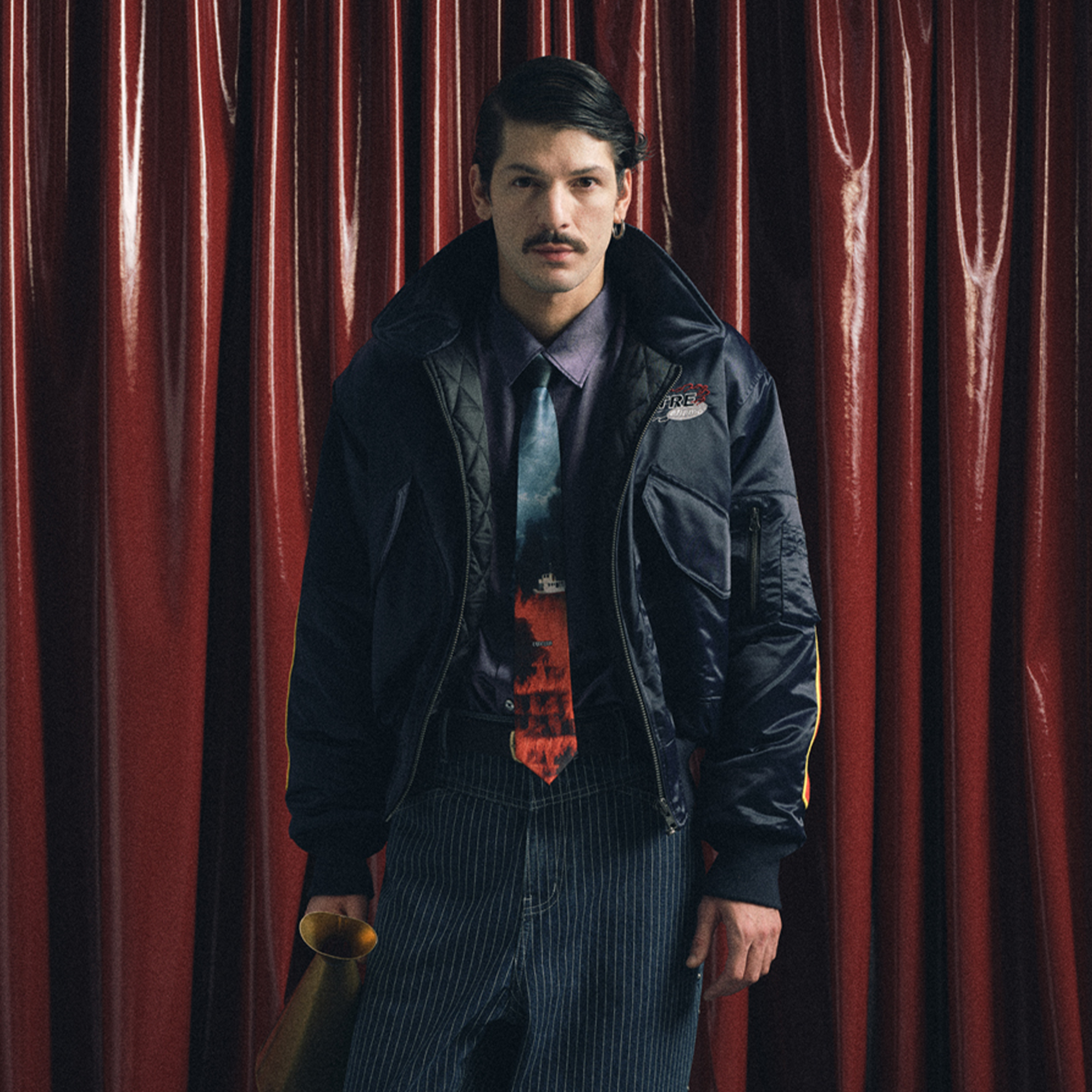 TRECLUB Contrast Graphic Embroidered Patch Bomber-Jacket-200g Cotton Filling-S (Preorder)-Free Shipping Leatheretro