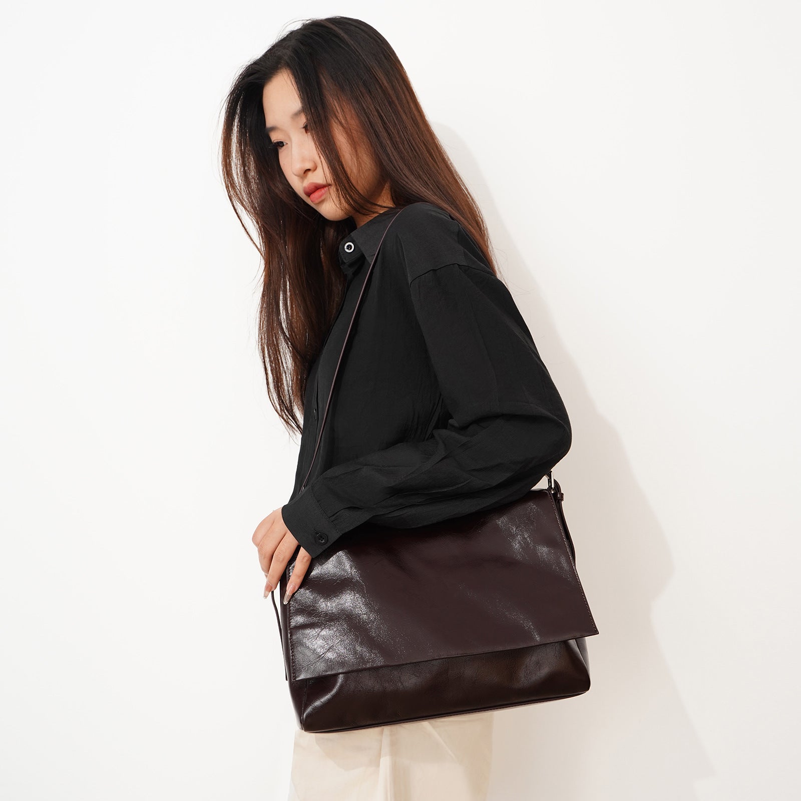 Retro Small Square Bag – Waxed Leather Shoulder Tote, Shiny Crossbody Bag-crossbody bags-black-Free Shipping Leatheretro