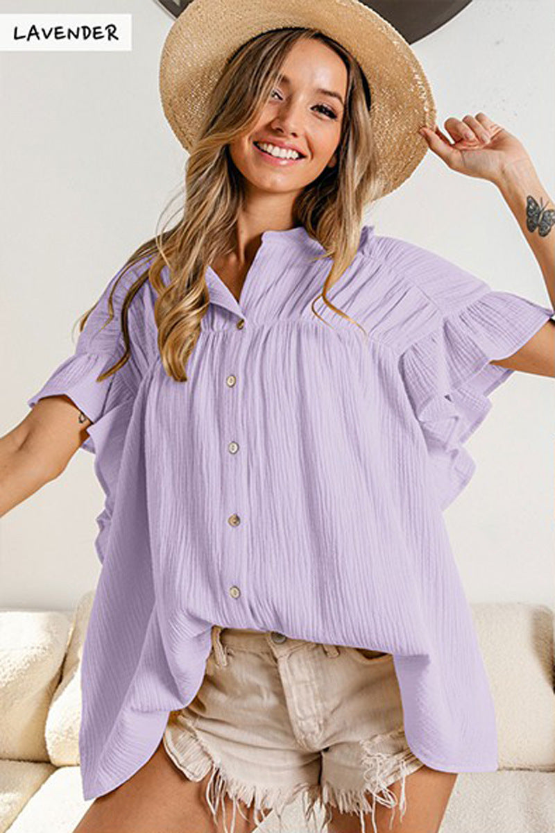 Fashion Stand Collar Ruffled Short Sleeves Shirts-Shirts & Tops-Light Purple-S-Free Shipping Leatheretro