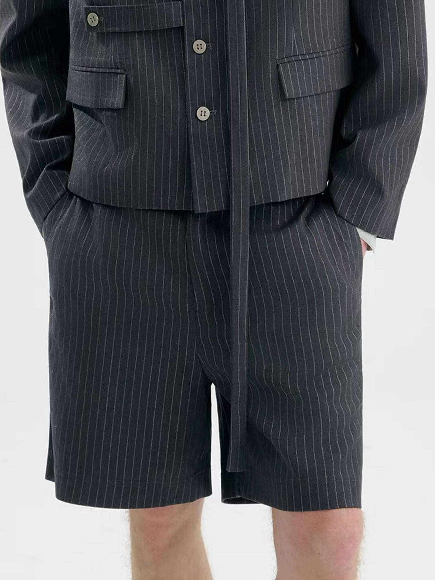 TIWILLTANG Straight-Leg Pinstripe Knee-Length Shorts-Shorts-S-Black-Free Shipping Leatheretro