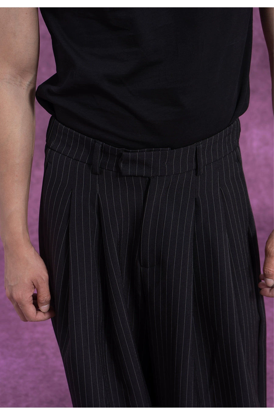 CLP Black Striped Relaxed-Fit Pants with Elastic Waist-Black-S-Free Shipping Leatheretro