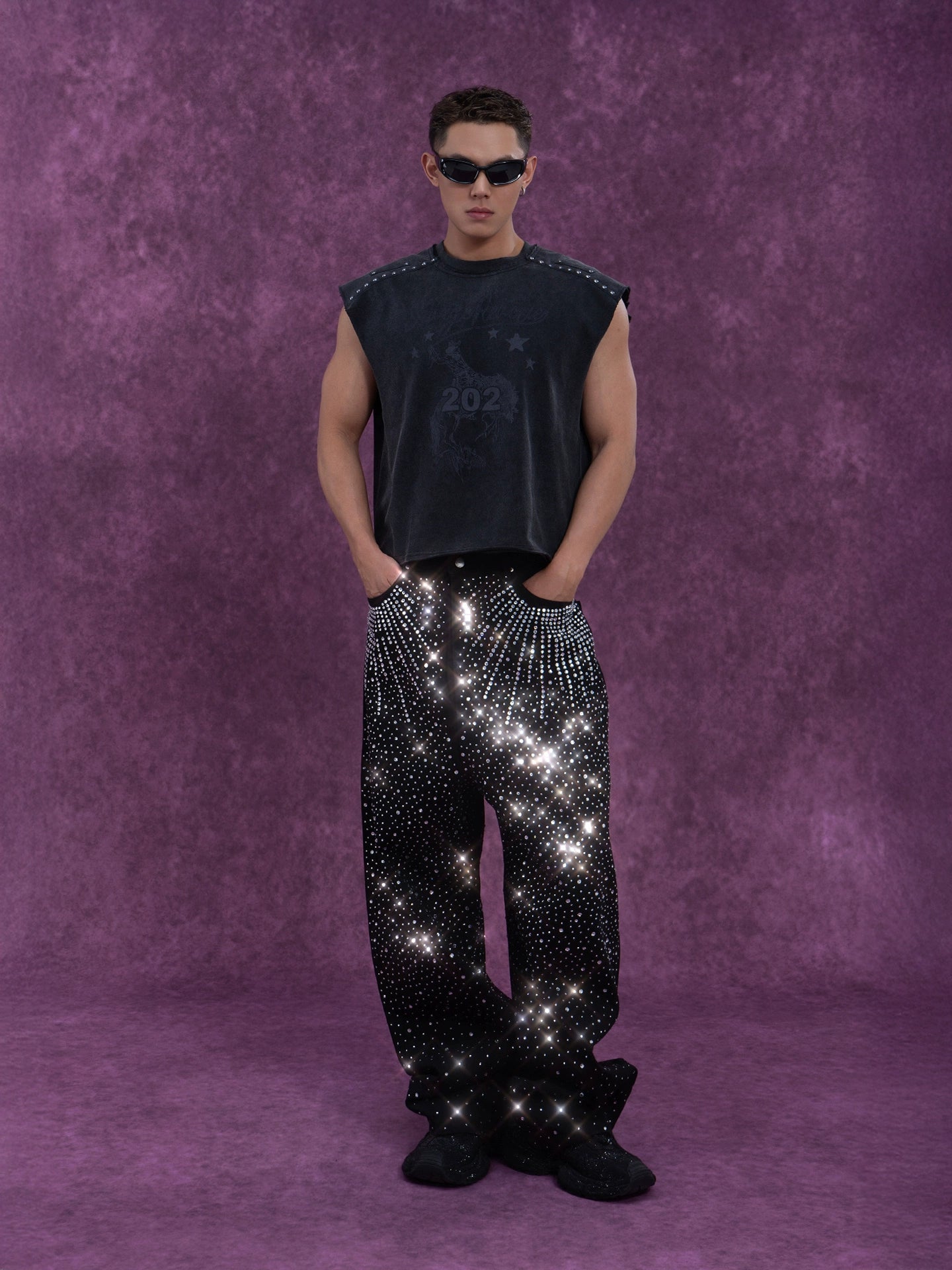 CLP Men's Grey Distressed Sleeveless Vest with Studs and Print - Streetwear Style-Gray-S-Free Shipping Leatheretro