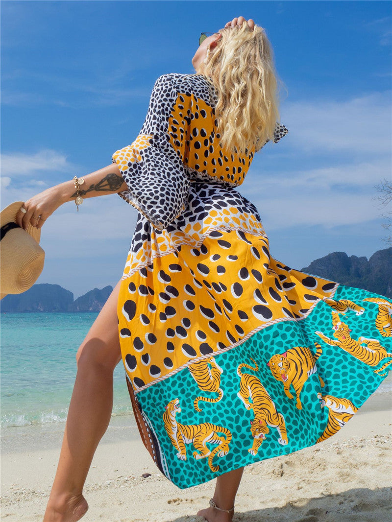 Fashion Floral Print Summer Kimono Beachwear Cover Ups-Tiger Leopard-One Size-Free Shipping Leatheretro