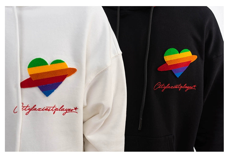 CLP Unisex Rainbow Heart Loose Fit Hoodie-Black-S-Free Shipping Leatheretro