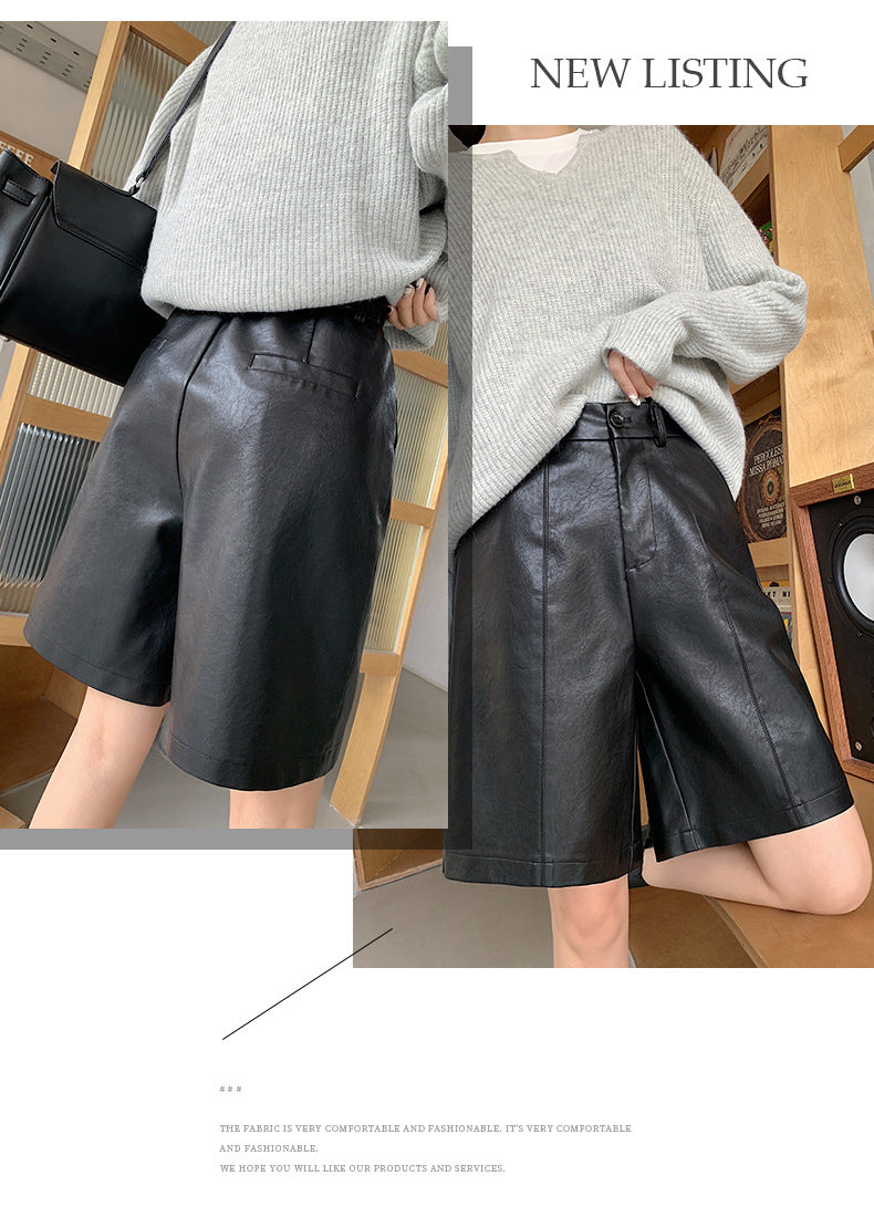 Fashion PU High Waist Knee Pants for Women-Shorts-Black-S-Free Shipping Leatheretro