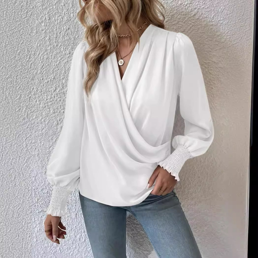 Elegant V Neck Long Sleeves Blouses Shirts-Shirts & Tops-White-S-Free Shipping Leatheretro