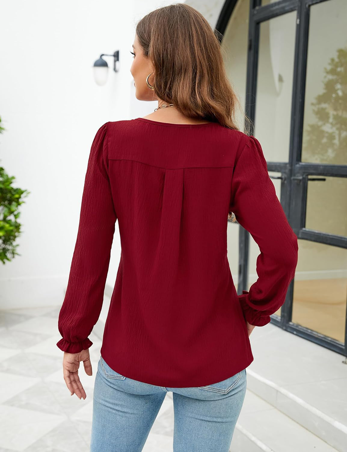 Casual Chiffon Summer V Neck Long Sleeves Blouses-Shirts & Tops-Pink-S-Free Shipping Leatheretro