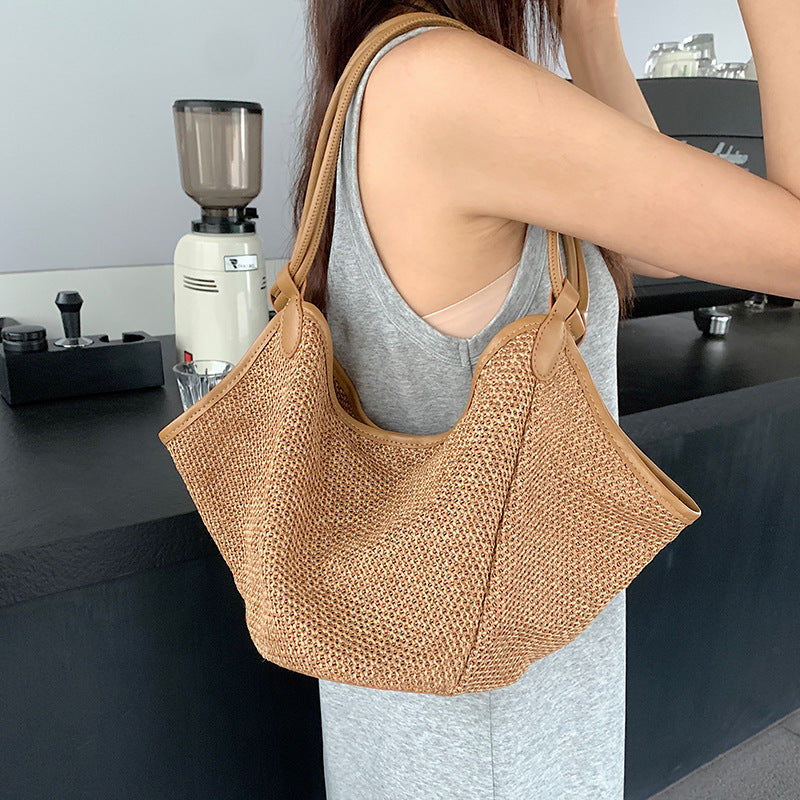 Summer Vacation Style – Large Straw Tote Bag, Boho Chic Shoulder Bag-Apricot-17-19-17 cm-Free Shipping Leatheretro