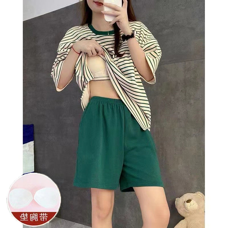 Casual Striped Summer Short Sleeves Shirts & Shorts Homewear-Sleepwear & Loungewear-A-M-L-Free Shipping Leatheretro