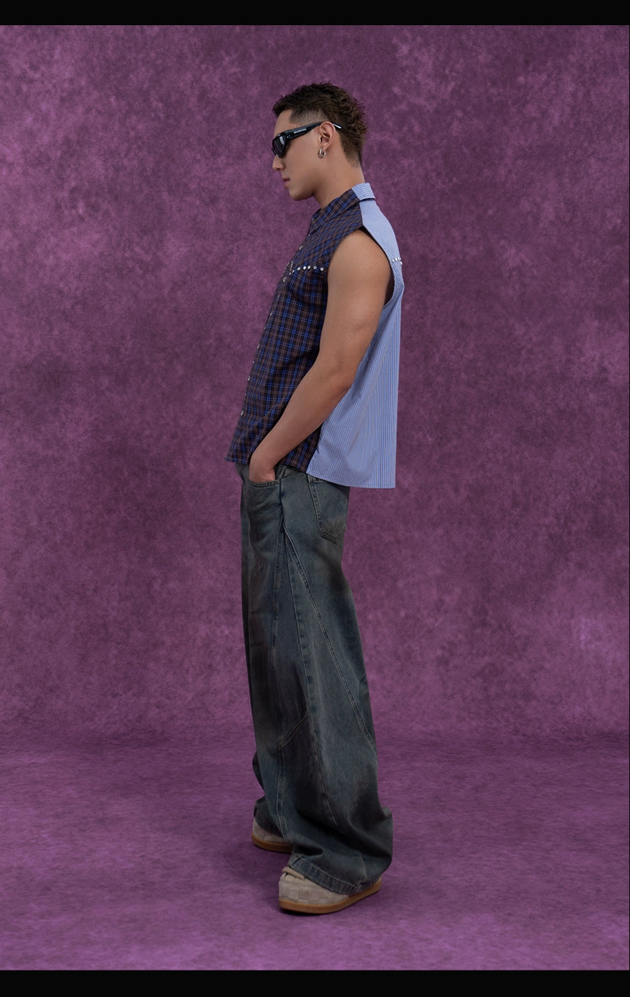 CLP Men's Blue Checkered & Striped Sleeveless Shirt Vest with Rivet Details-Blue-S-Free Shipping Leatheretro