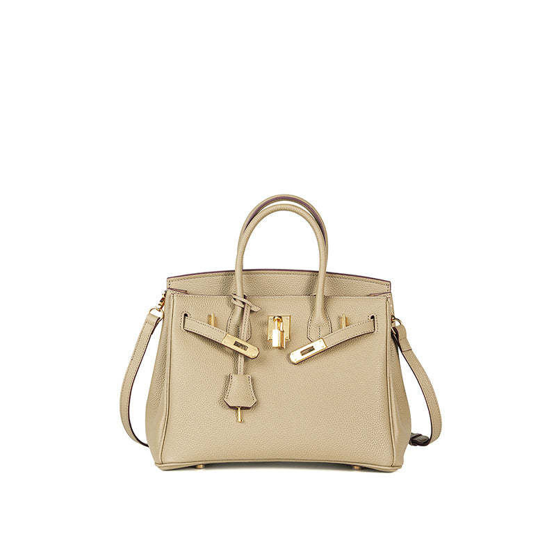 Luxury Genuine Top Grain Pebbled Leather Women's Handbag with Lock Closure-Handbags-elephant gray-35CM-Free Shipping Leatheretro