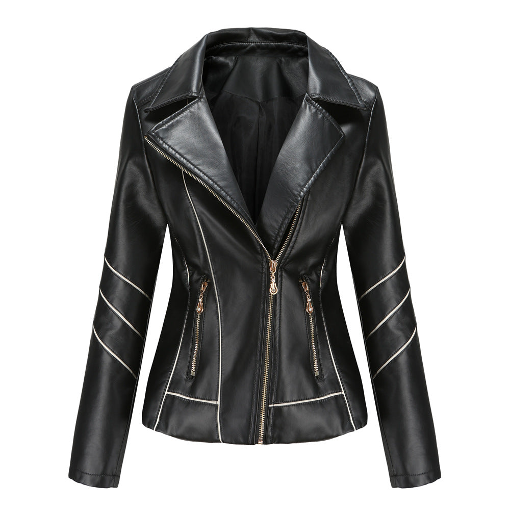 Women's PU Leather Jacket Short Biker Jacket for Spring & Fall-Beige-S-Free Shipping Leatheretro
