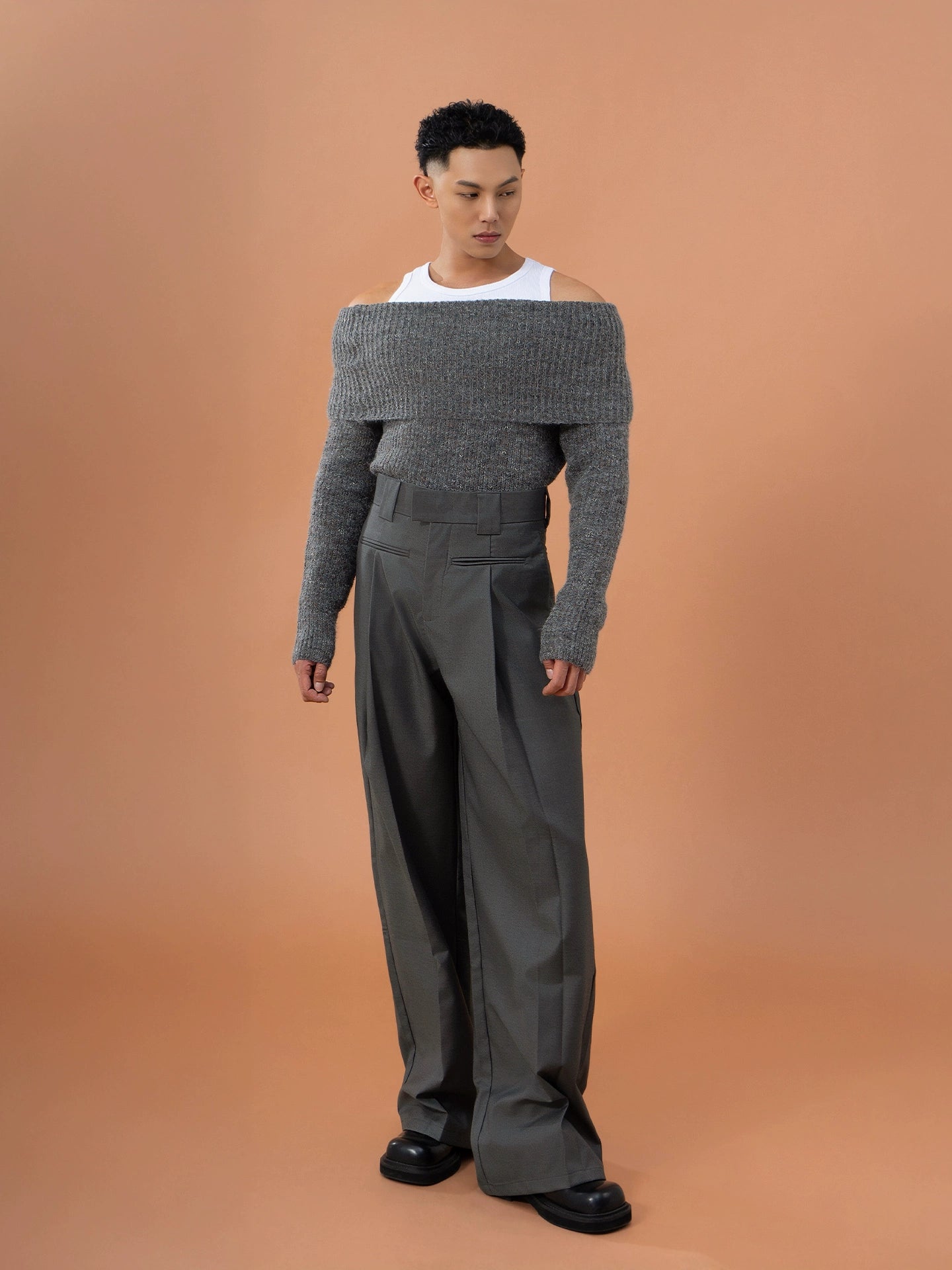 CLP Grey Off-Shoulder Wool Sweater | Relaxed Fit Ribbed Knit-Sweater-Gray-S-Free Shipping Leatheretro