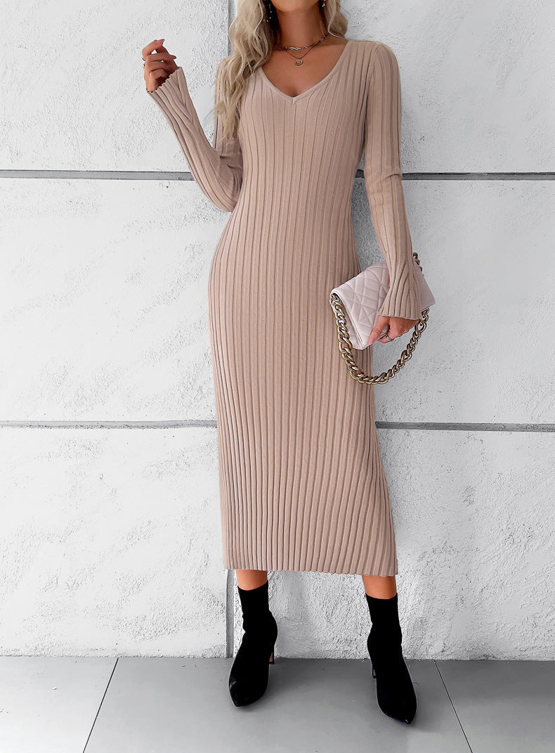 Elegant V Neck Long Sleeves Knitted Dresses-Dresses-White-S-Free Shipping Leatheretro