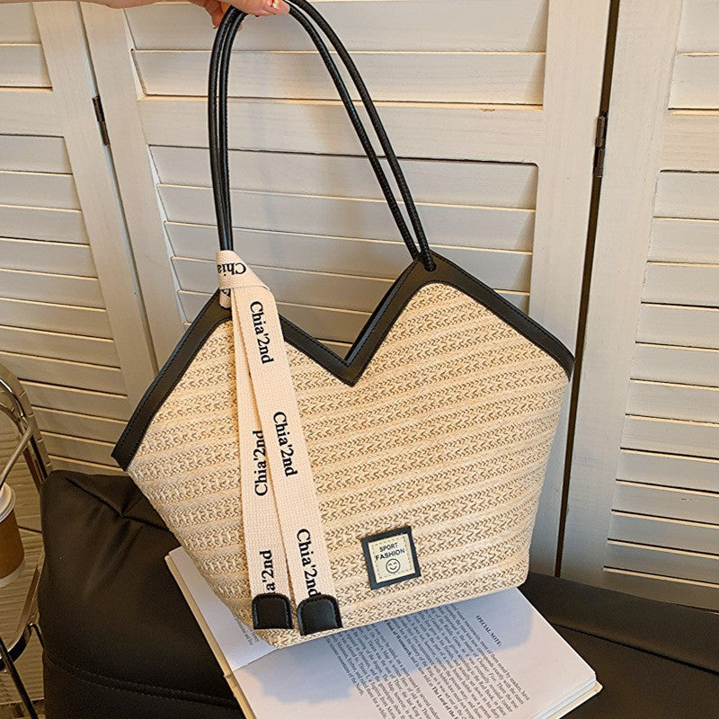 Large Capacity Tote Bag – Vintage Straw Woven Handbag-White with brown.-Free Shipping Leatheretro