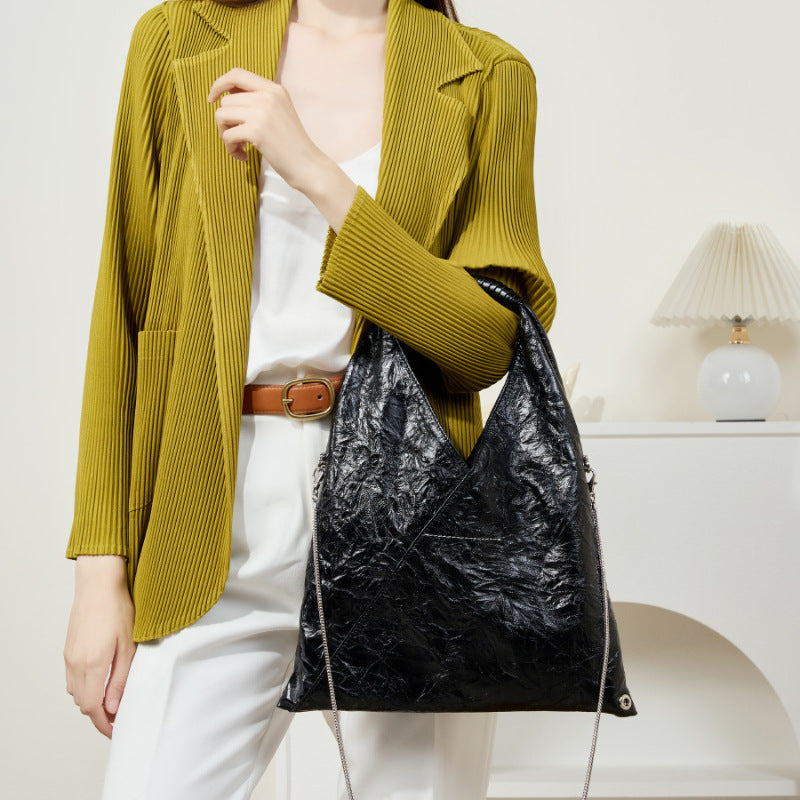 Relaxed Style Genuine Leather Tri-Fold Tote Bag for Women-Black-43*33*2-Free Shipping Leatheretro