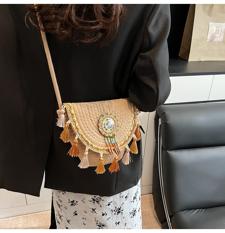 Bohemian Straw Woven Handbag-khaki-Free Shipping Leatheretro