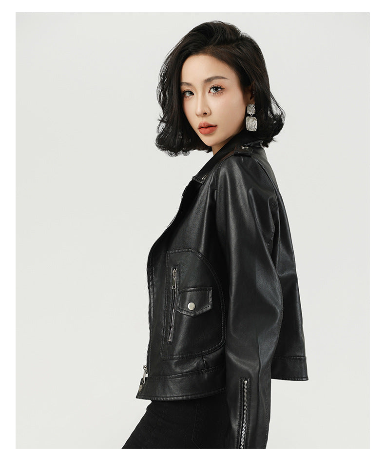 Women's Short PU Leather Jacket-Motorcycle Jackets-Black-S 50-55 kg-Free Shipping Leatheretro