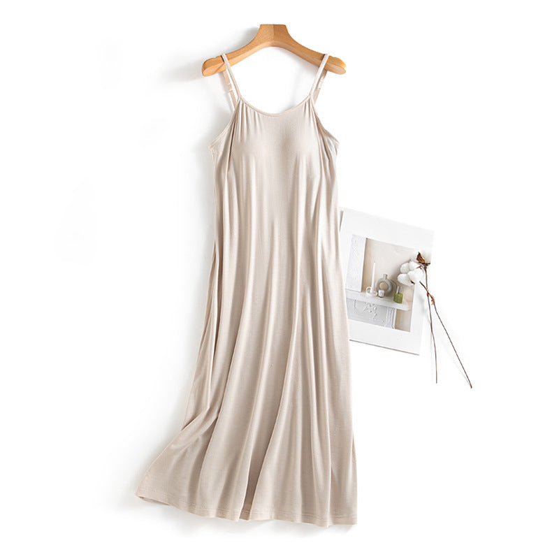 Casual Summer Built in Bra Tank Top Sleep Dresses-Sleepwear & Loungewear-Apricot-M 45-55 kg-Free Shipping Leatheretro