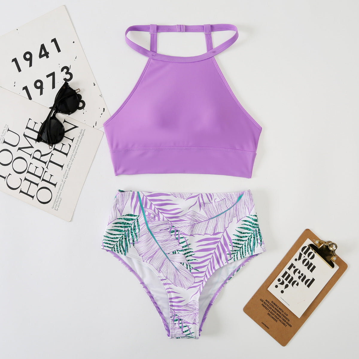 Sexy High Waist Two Pieces Summer Bikini Swimsuits-Swimwear-Light Purple-S-Free Shipping Leatheretro