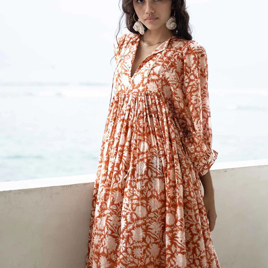 Casual Cotton Half Sleeves Long Dresses-Dresses-Orange-S-Free Shipping Leatheretro