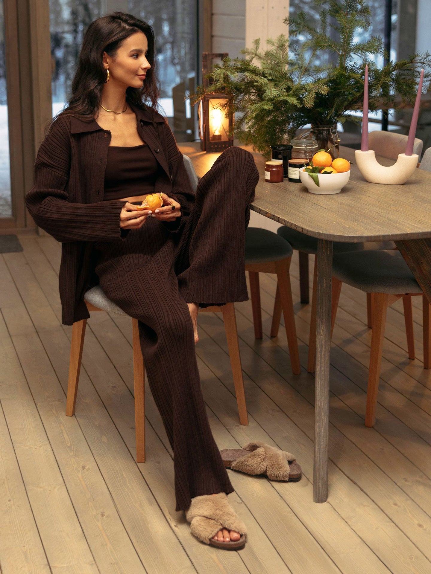 Fashion Autumn Sweaters and Wide Legs Pants Suits-suits-Brown-S-Free Shipping Leatheretro