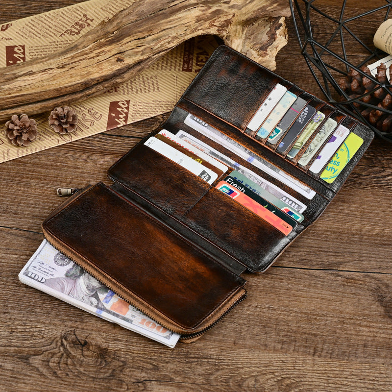 Genuine Leather Men's Vintage Distressed Multi-Card Long Wallet-Handbags, Wallets & Cases-Coffee-Free Shipping Leatheretro