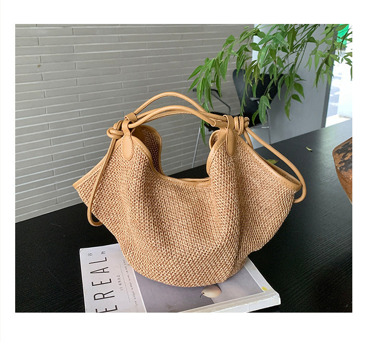 Summer Vacation Style – Large Straw Tote Bag, Boho Chic Shoulder Bag-Apricot-17-19-17 cm-Free Shipping Leatheretro