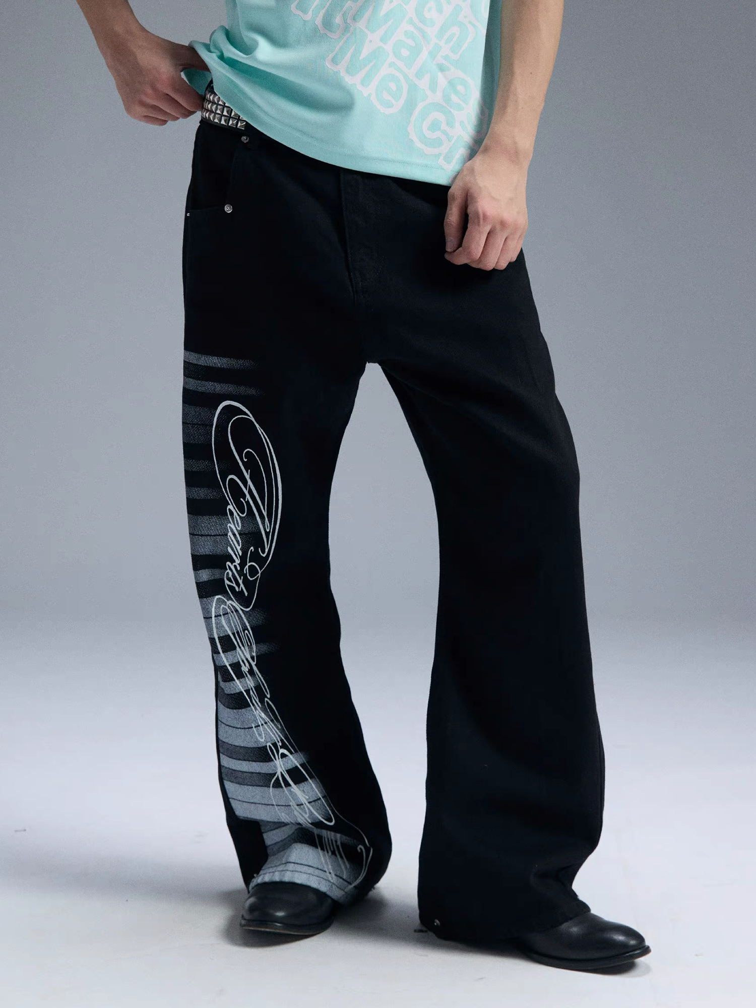 PAIKI Piano Key Script Foil Flared Jeans-Jeans-S / 31"-Black (Preorder)-Free Shipping Leatheretro
