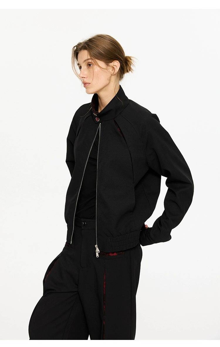 KREATE Harrington Collar Jacket with Segmented Oil Painting Lining-Top-Black-S-Free Shipping Leatheretro