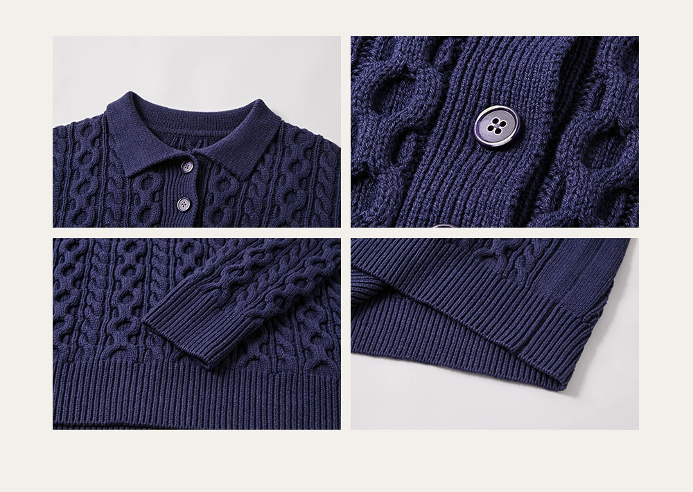 KREATE Textured Cable-Knit Polo Sweater-Ivory-S-Free Shipping Leatheretro