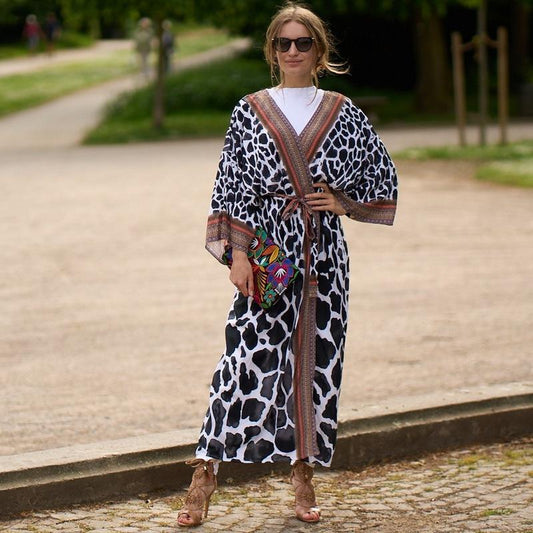 Summer Leopard Beachwear Cover Up Dresses-Black White-One Size-Free Shipping Leatheretro