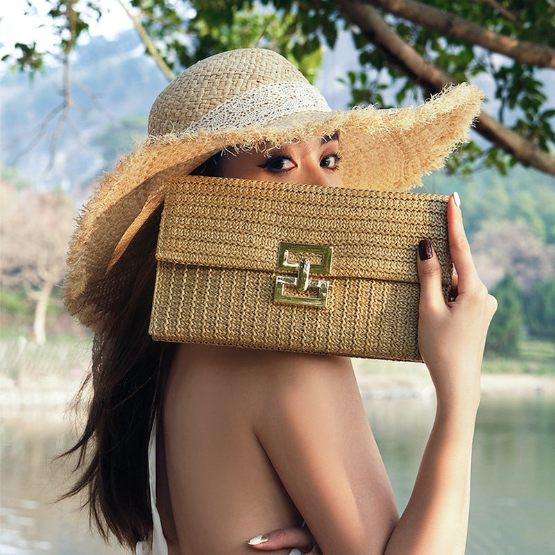 Women's Woven Straw Handbag-apricot-27x15x2CM-Free Shipping Leatheretro