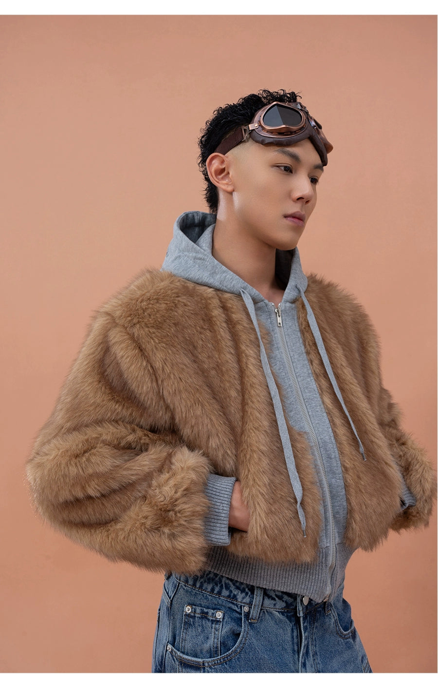 CLP Unisex Cropped Faux Fur Hoodie - Taupe Brown Zip-Up Coat-Brown-S-Free Shipping Leatheretro