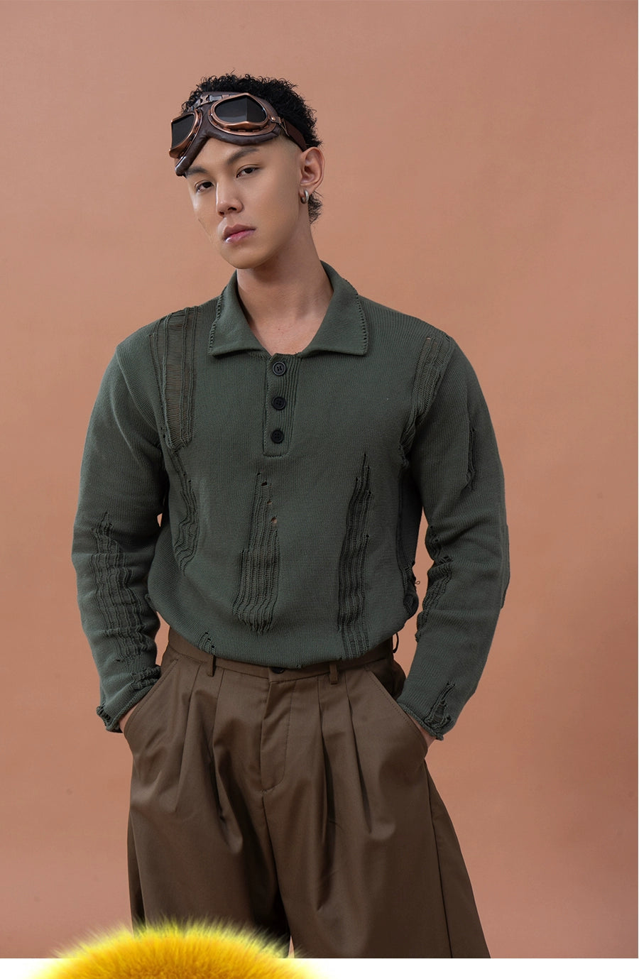 CLP Men's Distressed Knit Polo Shirt-Green-M-Free Shipping Leatheretro