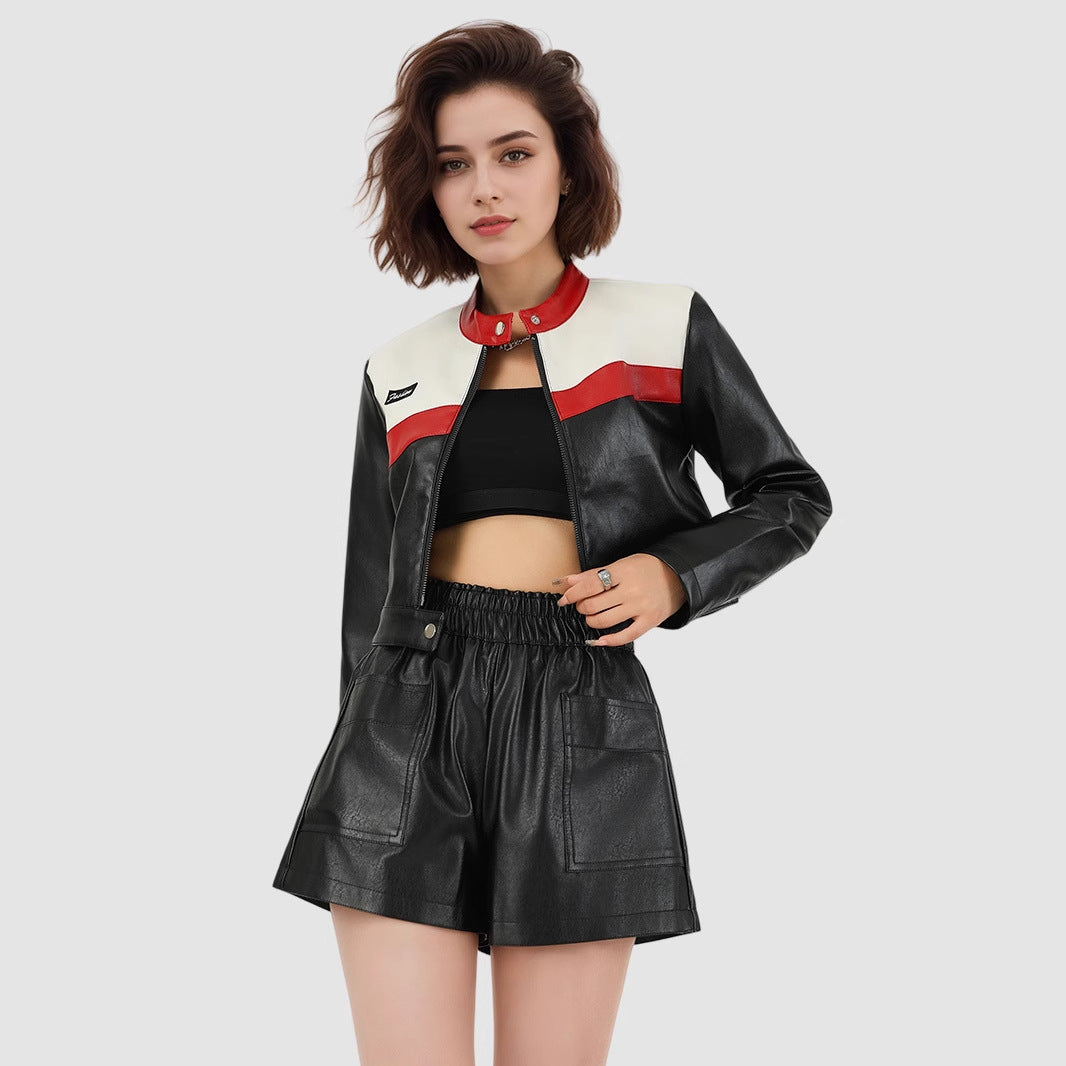 Women's Cropped Biker Jacket – Color-Block Leather Pilot Jacket-As Photo-S-Free Shipping Leatheretro