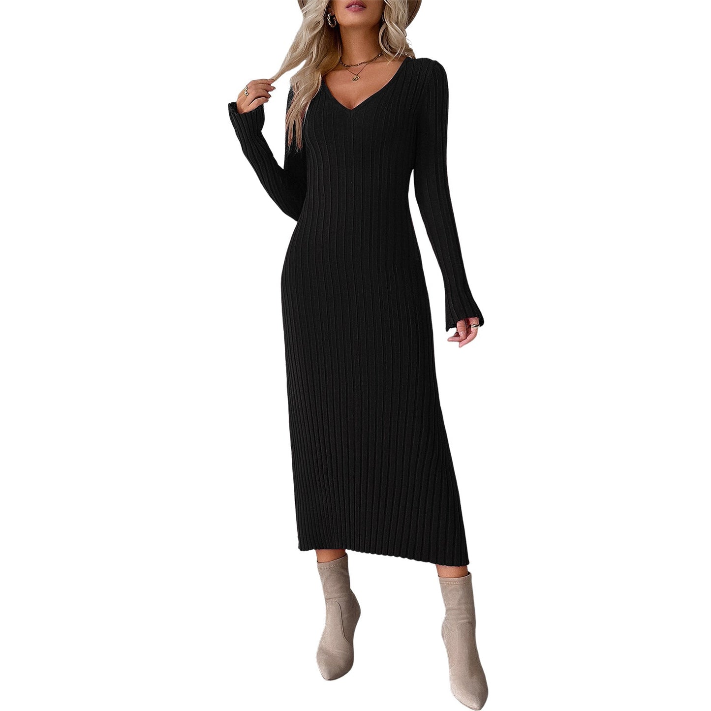 Elegant V Neck Long Sleeves Knitted Dresses-Dresses-White-S-Free Shipping Leatheretro