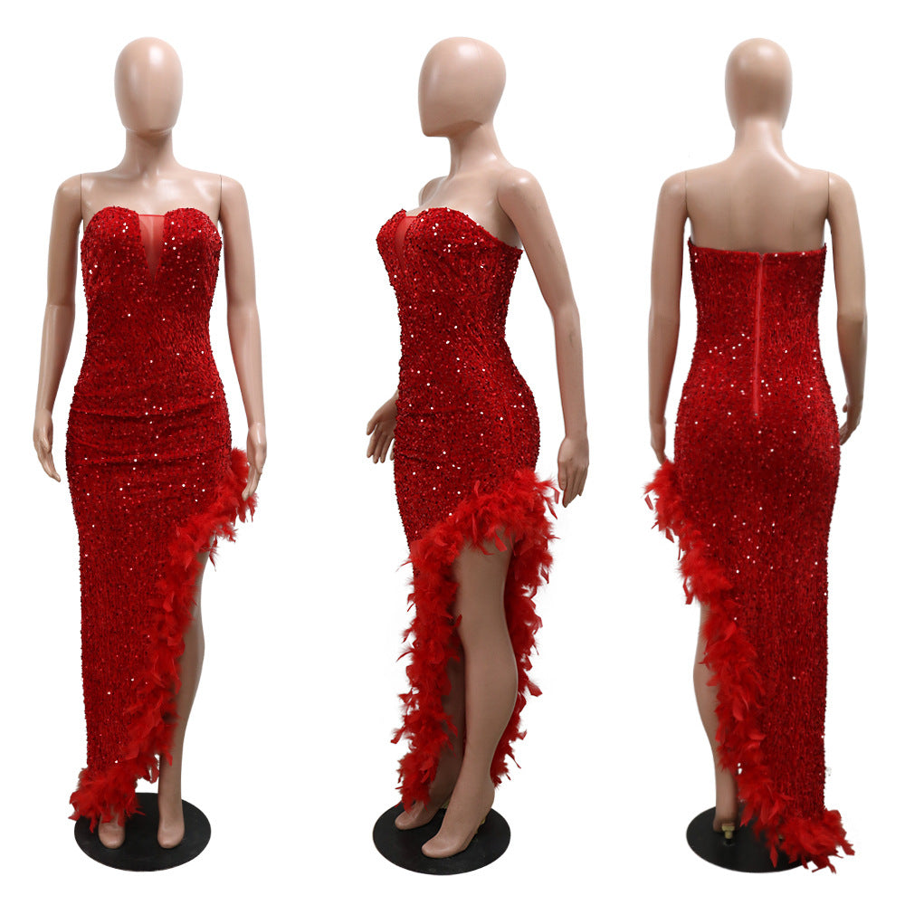 Sexy Strapless Sequined Evening Party Dresses-Dresses-Red-S-Free Shipping Leatheretro