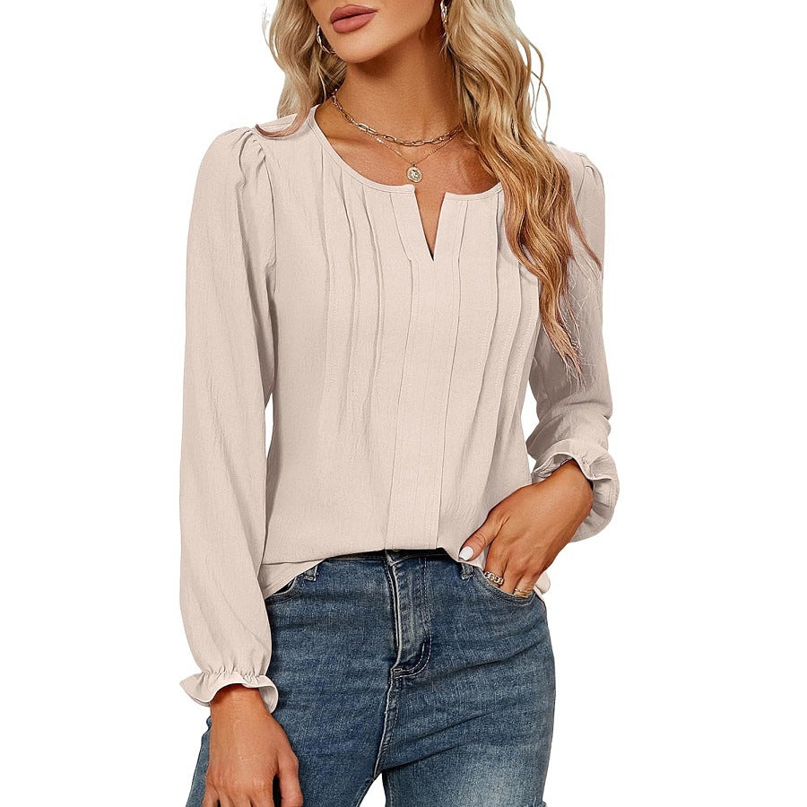 Casual Chiffon Summer V Neck Long Sleeves Blouses-Shirts & Tops-Apricot-S-Free Shipping Leatheretro