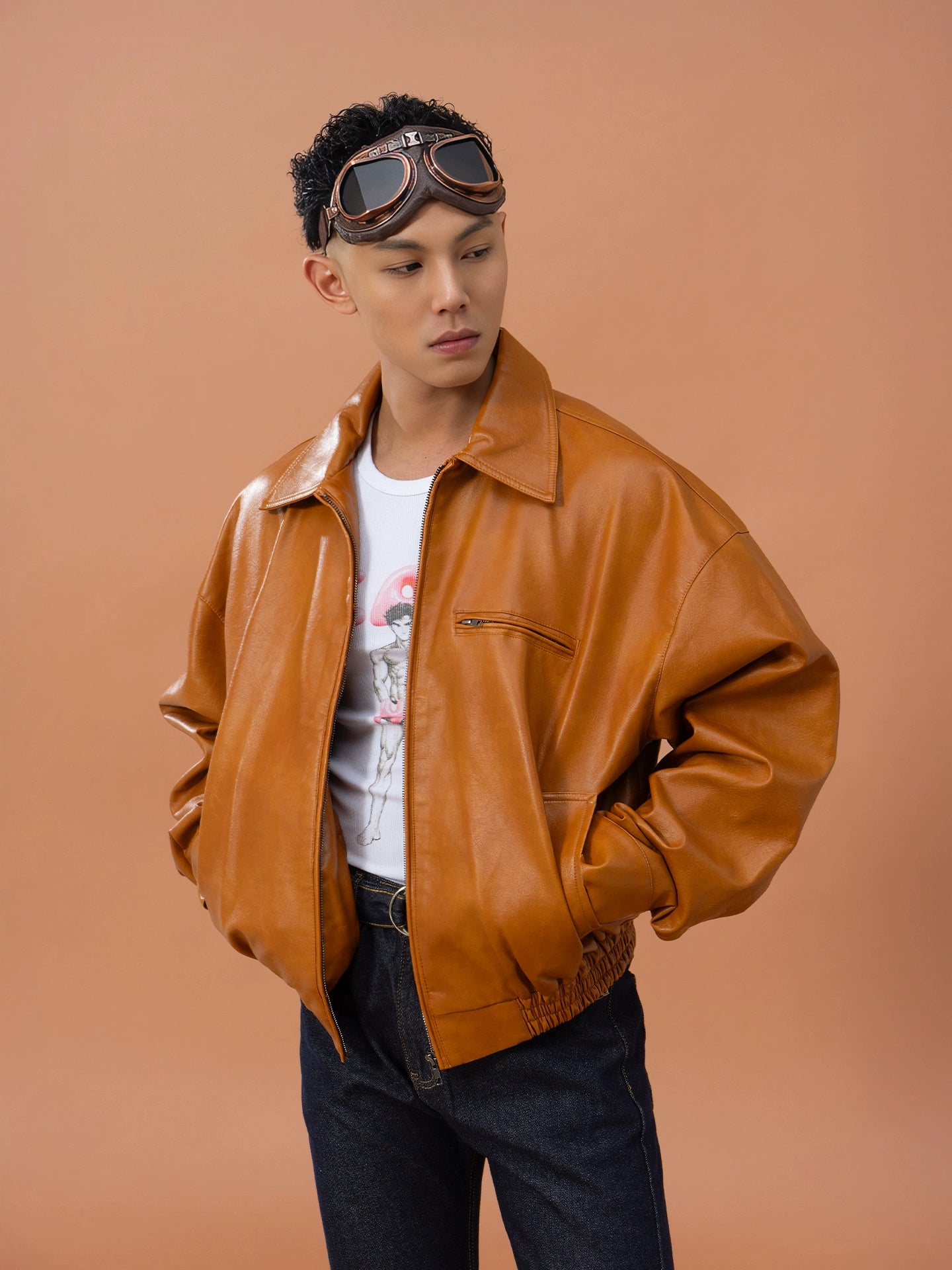 CLP Men Brown Faux Leather Stand Collar Jacket-Brown-M-Free Shipping Leatheretro